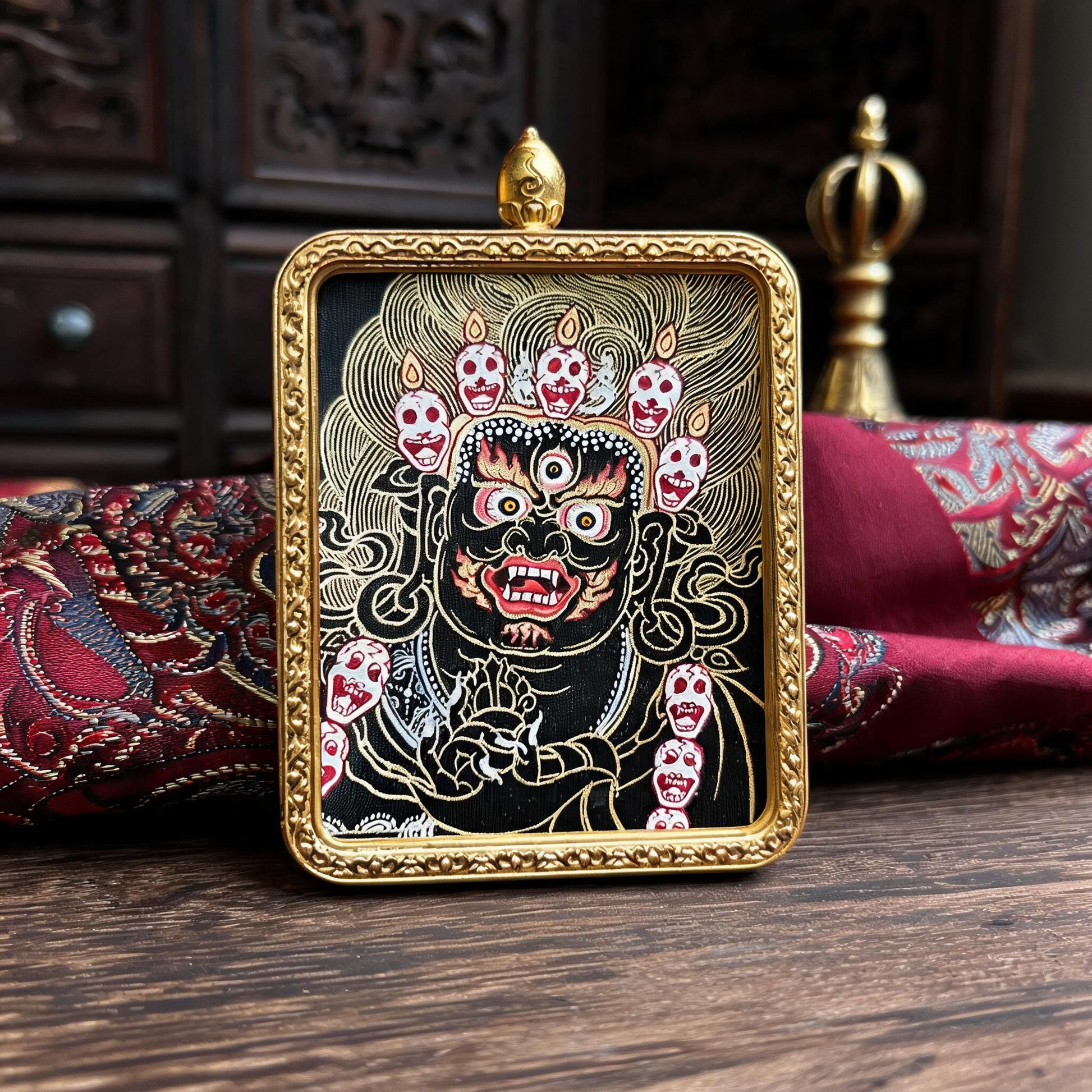 Mahakala hand-painted Thangka pendant hand-painted macro detail
