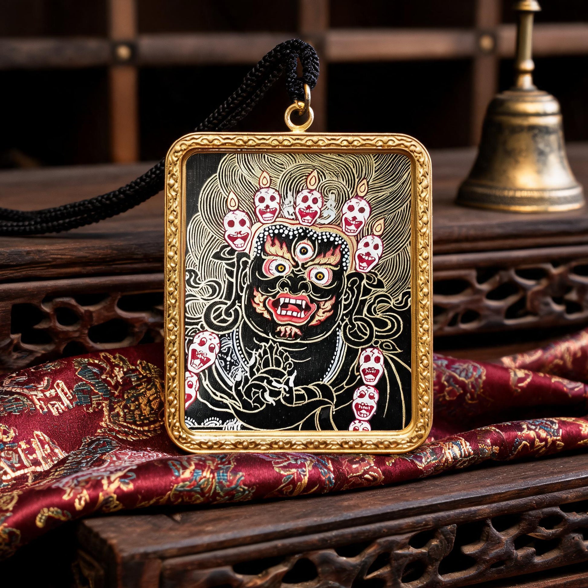 Mahakala hand-painted Thangka pendant proportional wearing view