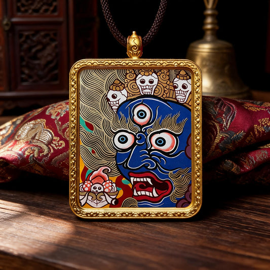 Mahakala hand-painted Thangka pendant front hero view