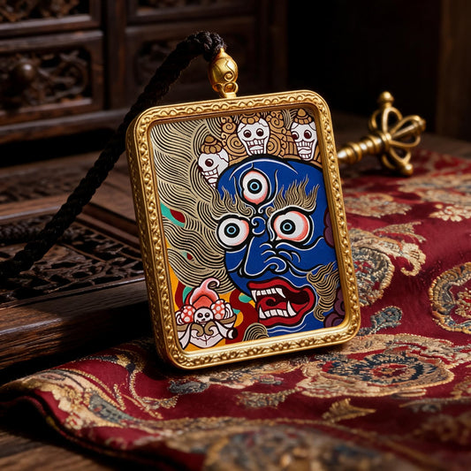 Mahakala hand-painted Thangka pendant three-quarter side view