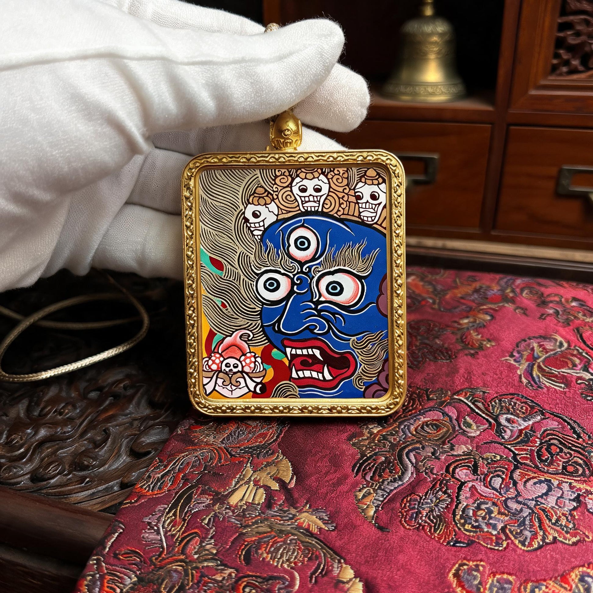 Mahakala hand-painted Thangka pendant white-glove collector inspection