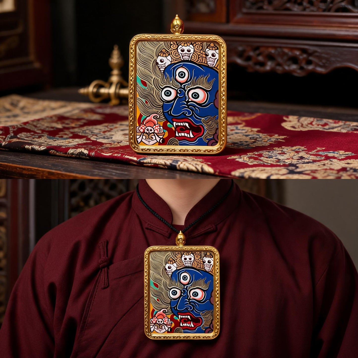 Mahakala hand-painted Thangka pendant proportional wearing view
