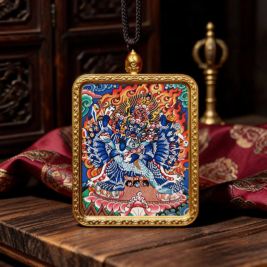 Yamantaka hand-painted Thangka pendant front hero view