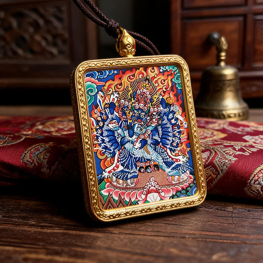 Yamantaka hand-painted Thangka pendant three-quarter side view