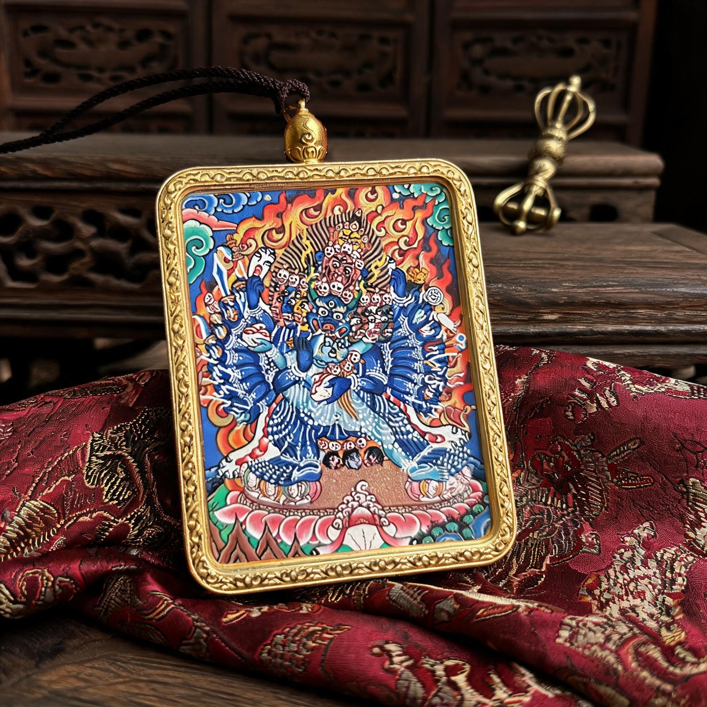 Yamantaka hand-painted Thangka pendant hand-painted macro detail