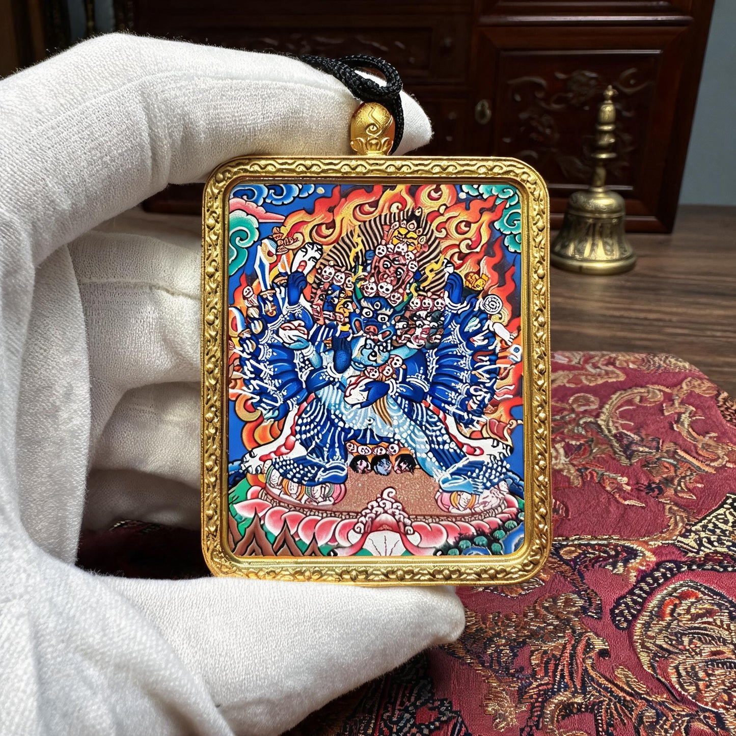 Yamantaka hand-painted Thangka pendant white-glove collector inspection