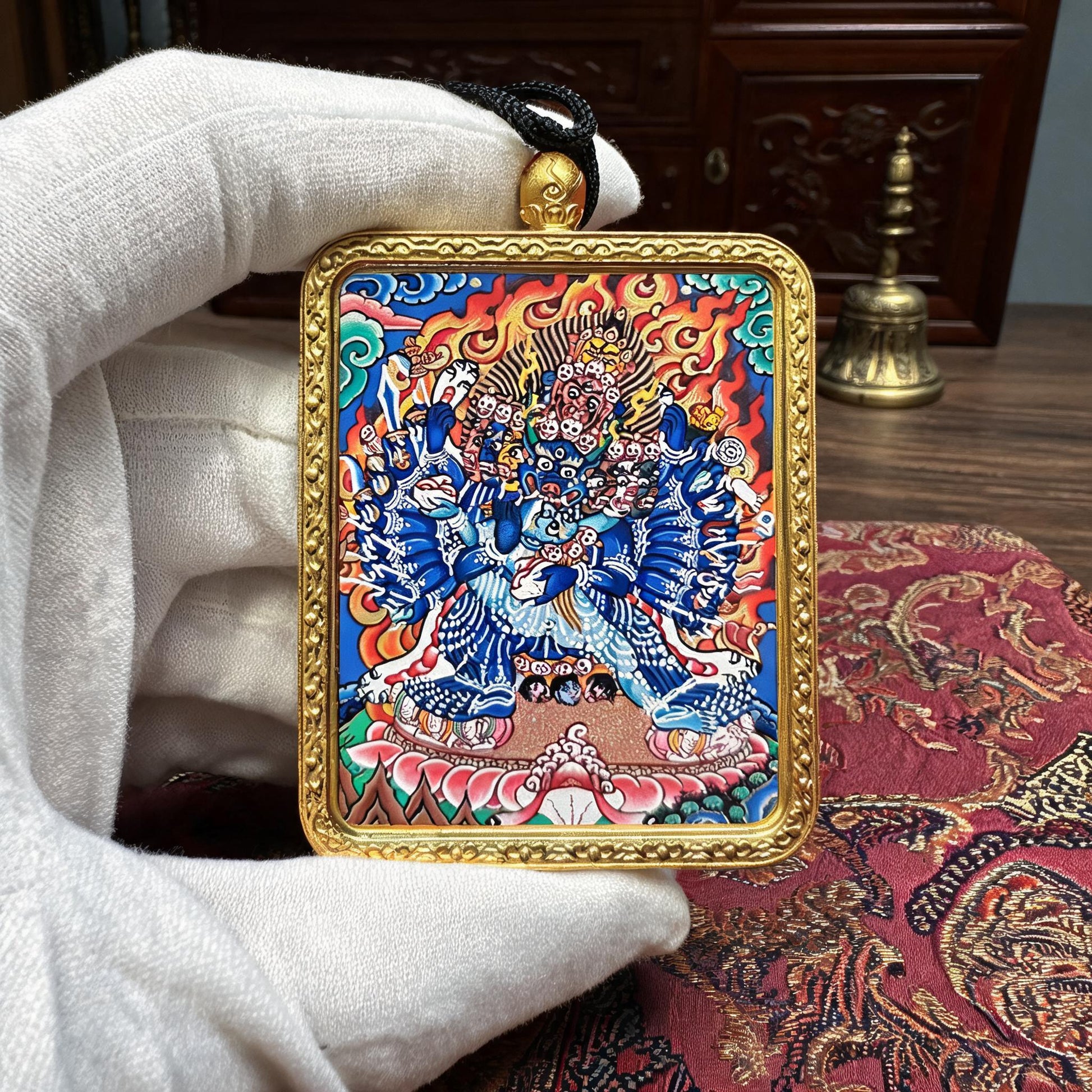 Yamantaka hand-painted Thangka pendant white-glove collector inspection