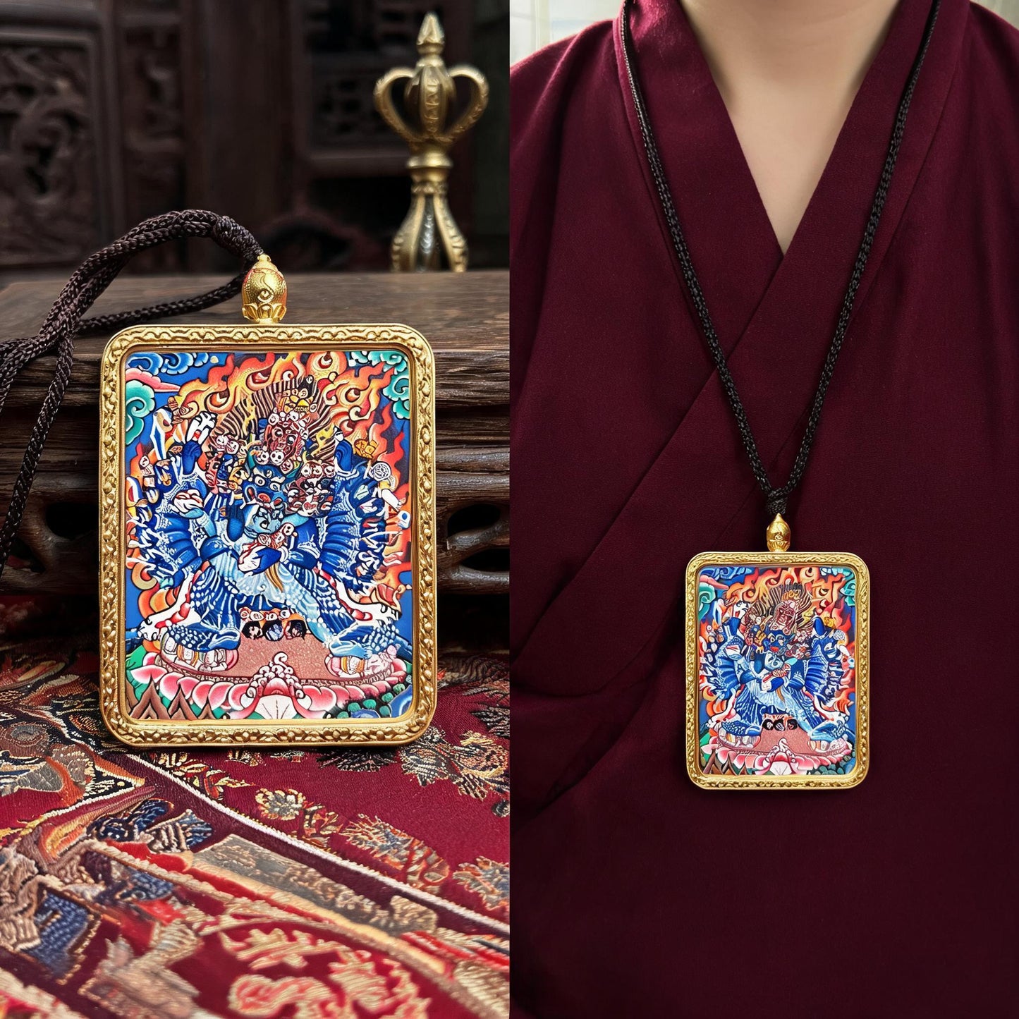 Yamantaka hand-painted Thangka pendant proportional wearing view