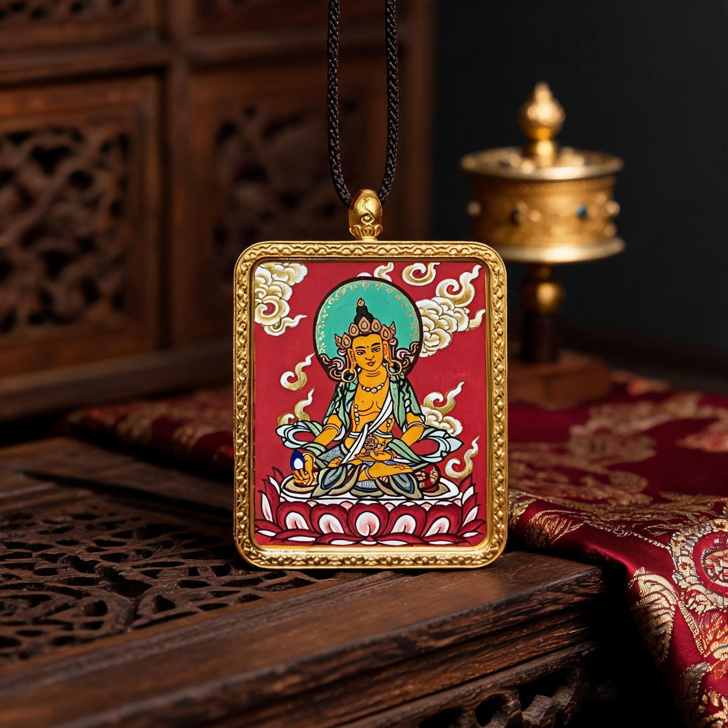 Ksitigarbha Bodhisattva hand-painted Thangka pendant front hero view