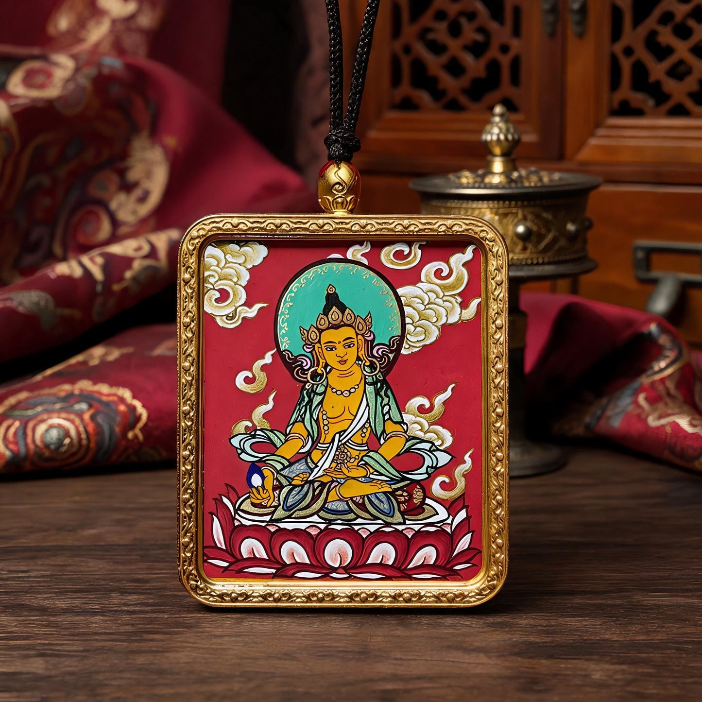 Ksitigarbha Bodhisattva hand-painted Thangka pendant three-quarter side view