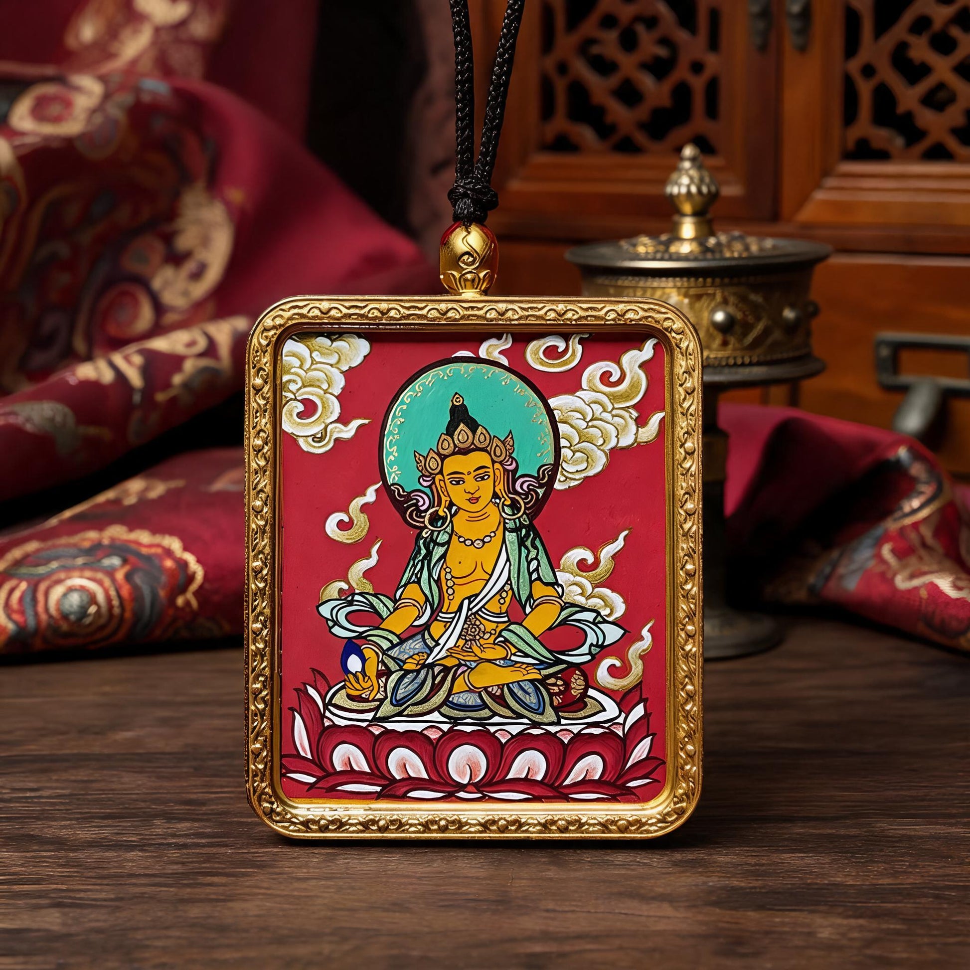 Ksitigarbha Bodhisattva hand-painted Thangka pendant three-quarter side view