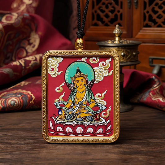 Ksitigarbha Bodhisattva hand-painted Thangka pendant three-quarter side view