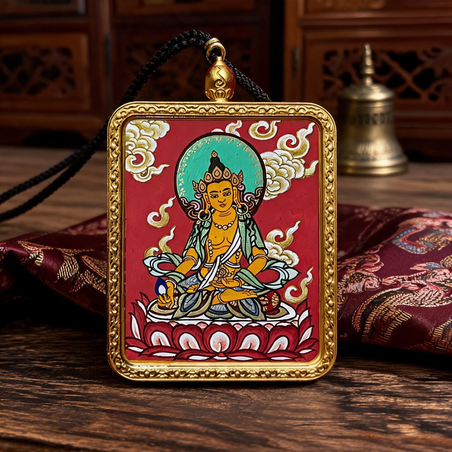Ksitigarbha Bodhisattva hand-painted Thangka pendant proportional wearing view