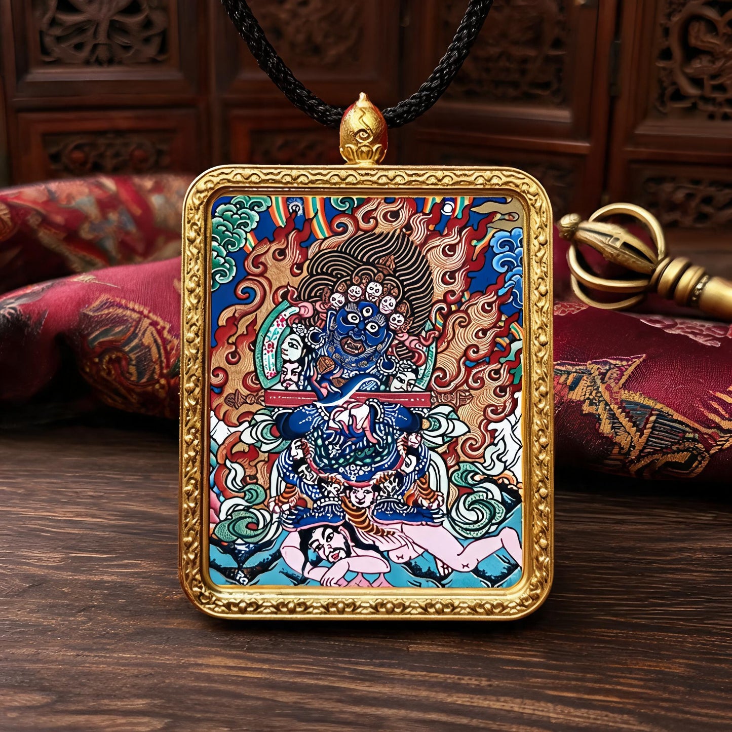 Two-Armed Mahakala hand-painted Thangka pendant front hero view