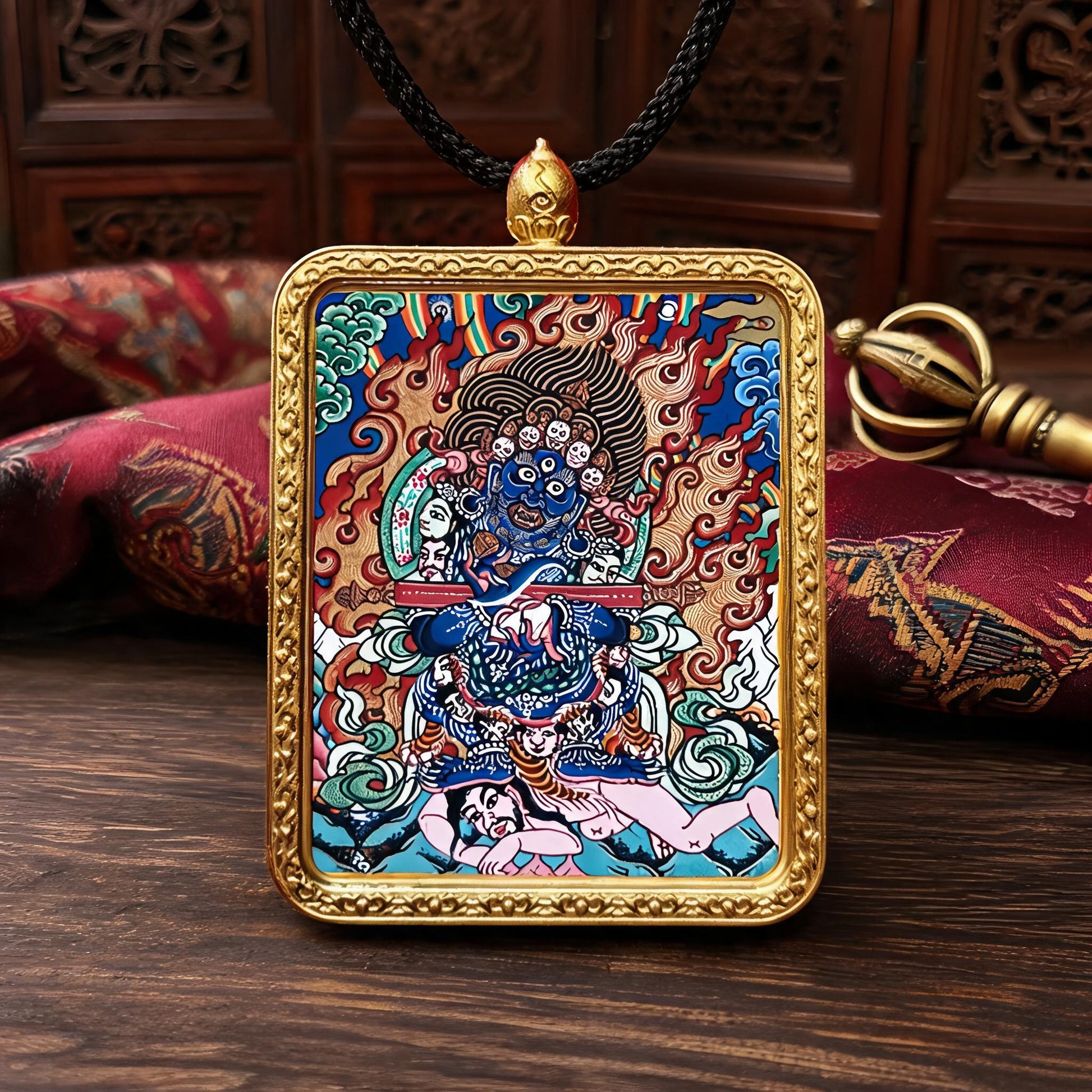 Two-Armed Mahakala hand-painted Thangka pendant front hero view