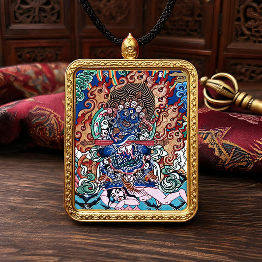 Two-Armed Mahakala hand-painted Thangka pendant front hero view
