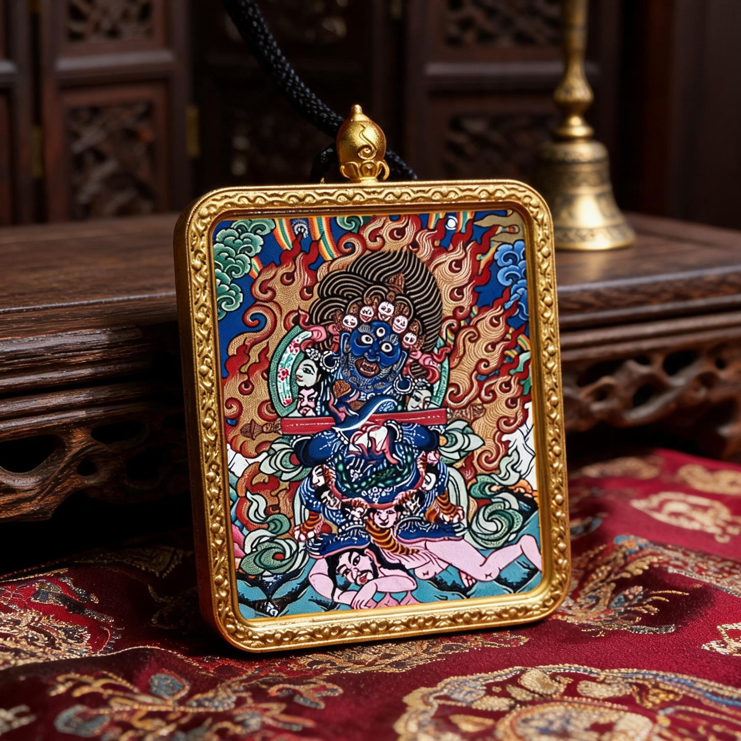 Two-Armed Mahakala hand-painted Thangka pendant three-quarter side view