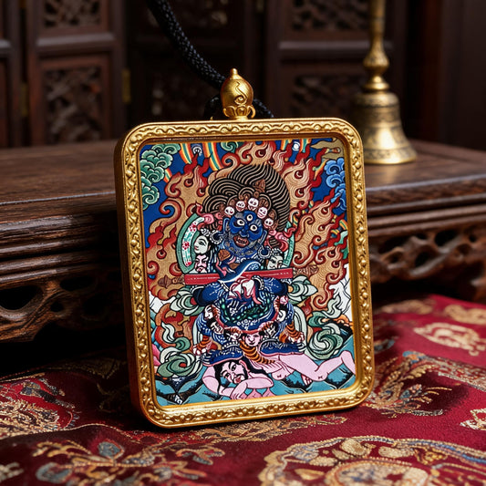Two-Armed Mahakala hand-painted Thangka pendant three-quarter side view