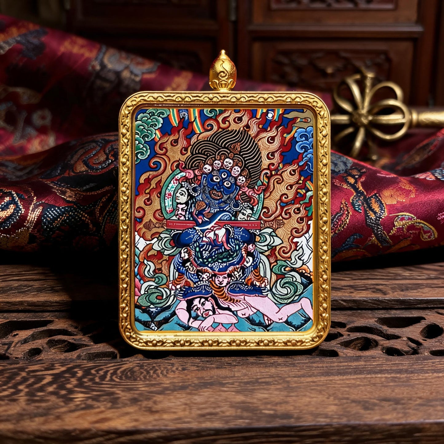 Two-Armed Mahakala hand-painted Thangka pendant hand-painted macro detail