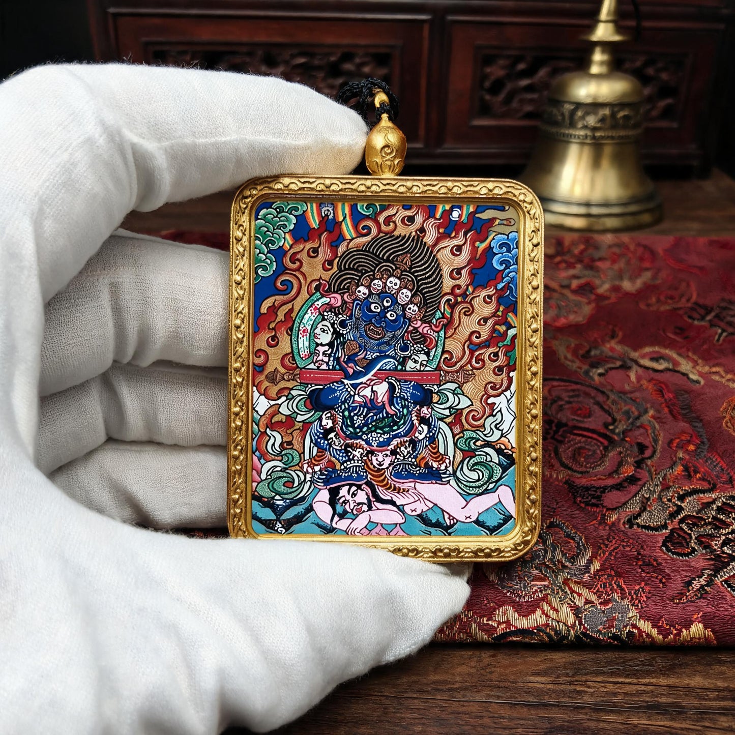 Two-Armed Mahakala hand-painted Thangka pendant white-glove collector inspection