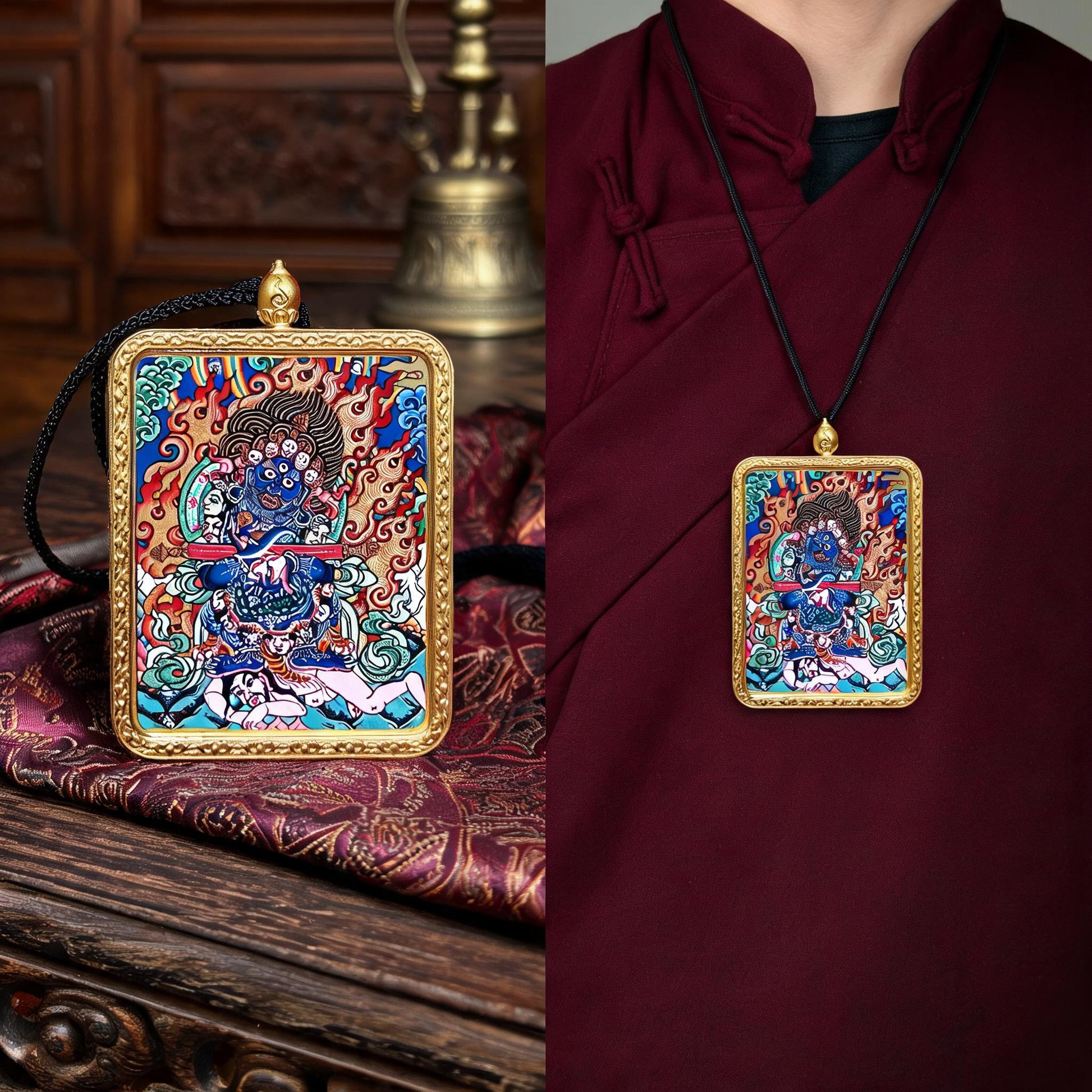 Two-Armed Mahakala hand-painted Thangka pendant proportional wearing view