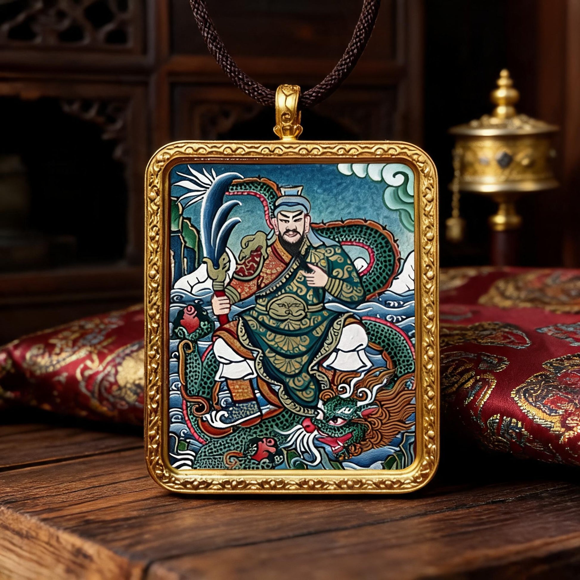 Guan Gong hand-painted Thangka pendant front hero view