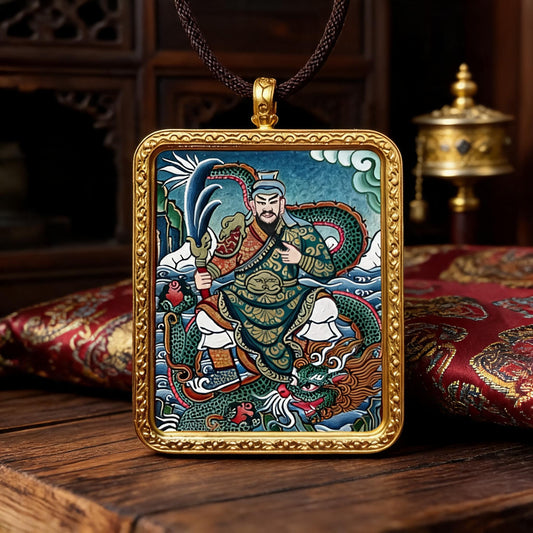 Guan Gong hand-painted Thangka pendant front hero view