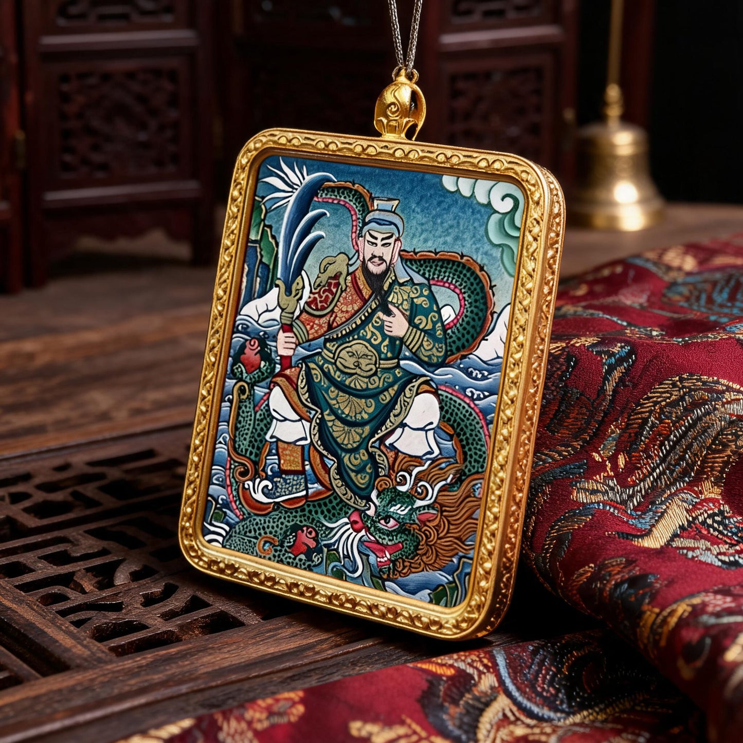 Guan Gong hand-painted Thangka pendant three-quarter side view