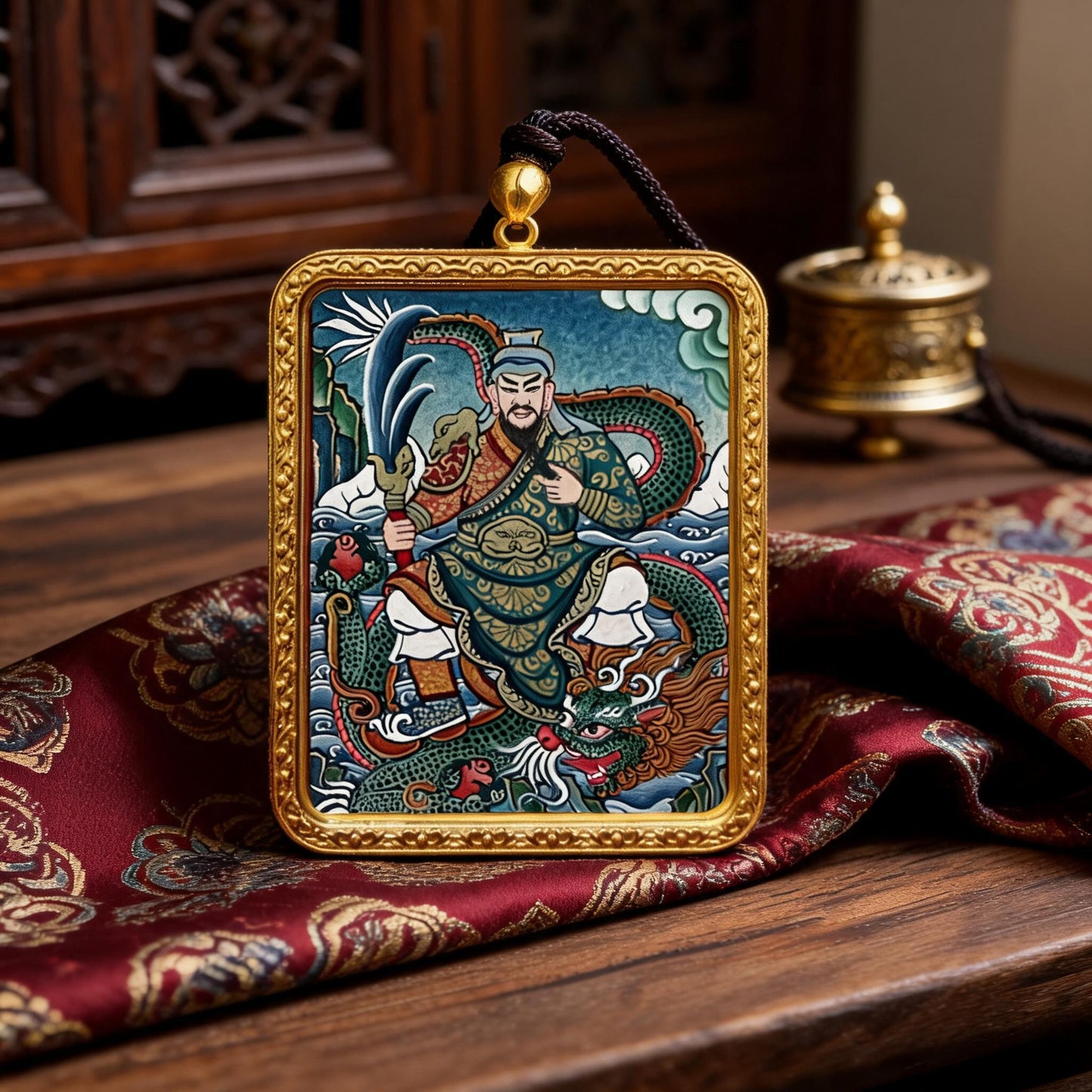 Guan Gong hand-painted Thangka pendant hand-painted macro detail