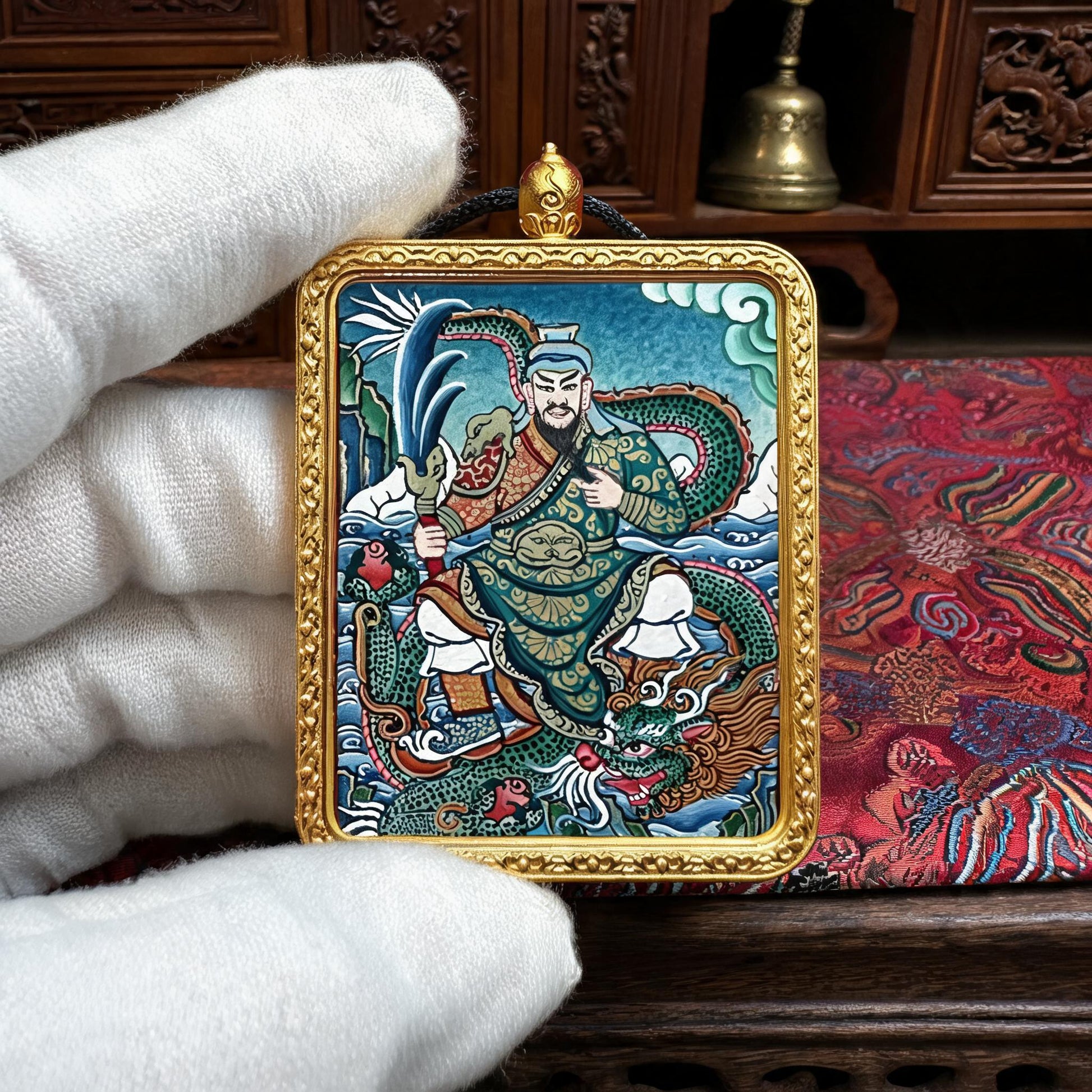Guan Gong hand-painted Thangka pendant white-glove collector inspection