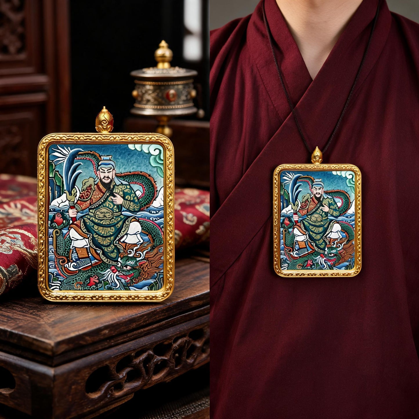 Guan Gong hand-painted Thangka pendant proportional wearing view