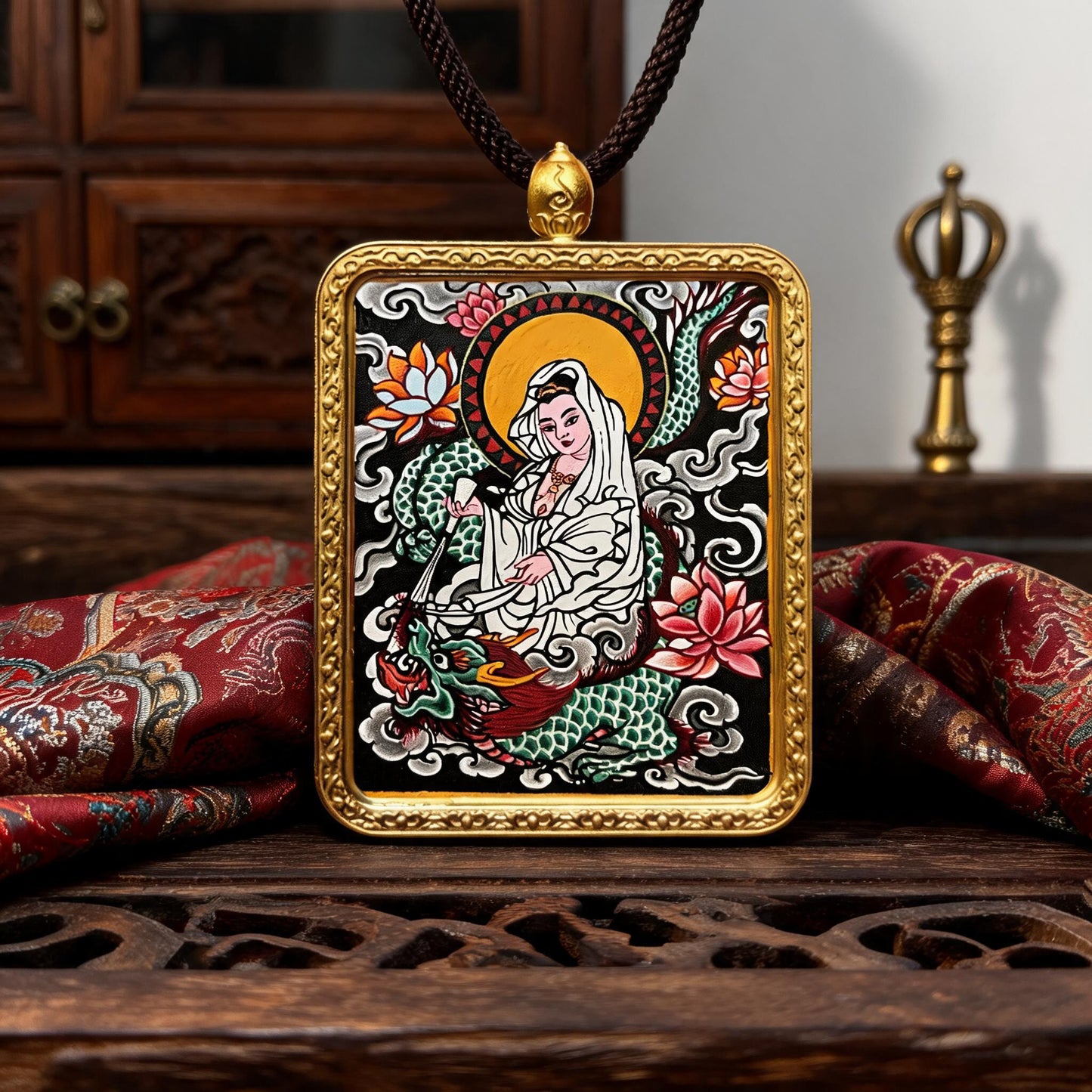 Dragon-Riding Avalokiteshvara hand-painted Thangka pendant front hero view