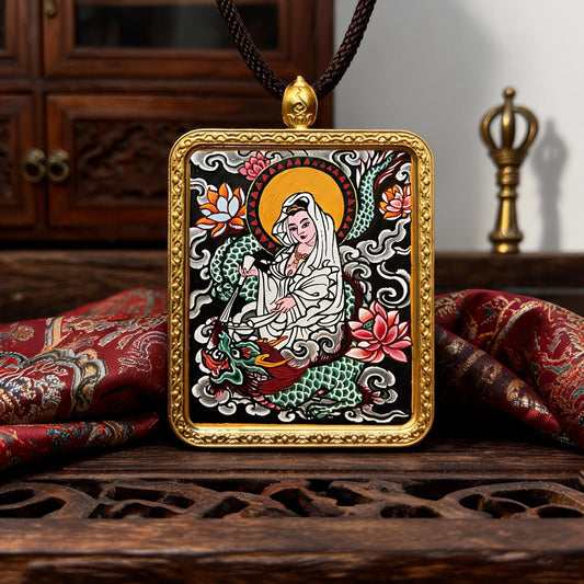 Dragon-Riding Avalokiteshvara hand-painted Thangka pendant front hero view