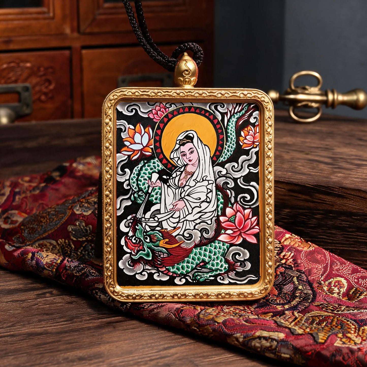 Dragon-Riding Avalokiteshvara hand-painted Thangka pendant three-quarter side view