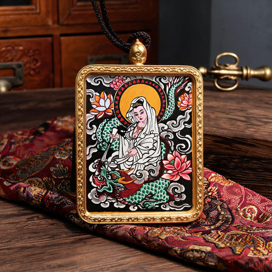 Dragon-Riding Avalokiteshvara hand-painted Thangka pendant three-quarter side view