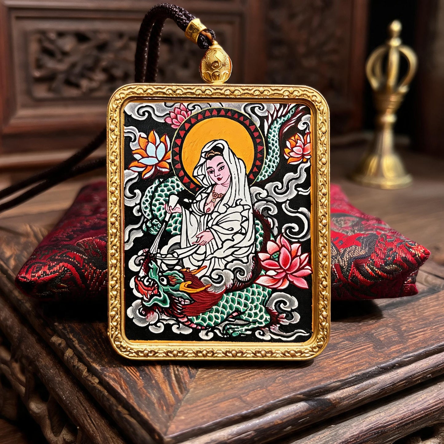 Dragon-Riding Avalokiteshvara hand-painted Thangka pendant hand-painted macro detail