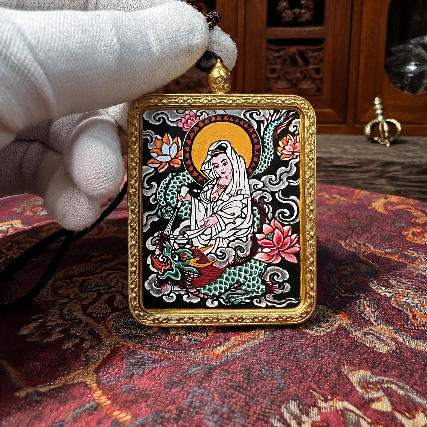 Dragon-Riding Avalokiteshvara hand-painted Thangka pendant white-glove collector inspection