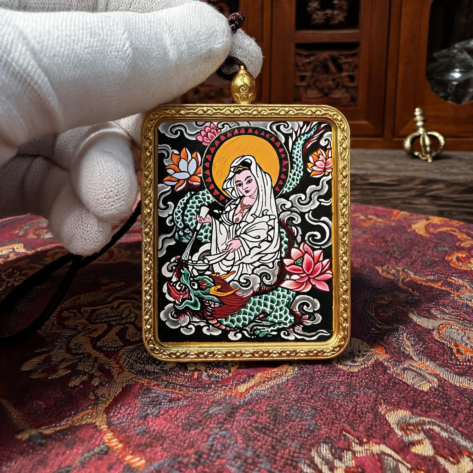 Dragon-Riding Avalokiteshvara hand-painted Thangka pendant white-glove collector inspection
