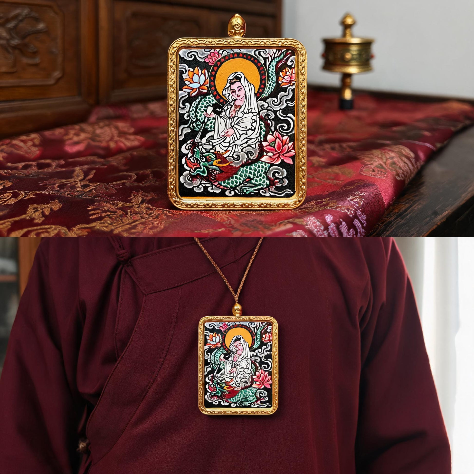 Dragon-Riding Avalokiteshvara hand-painted Thangka pendant proportional wearing view