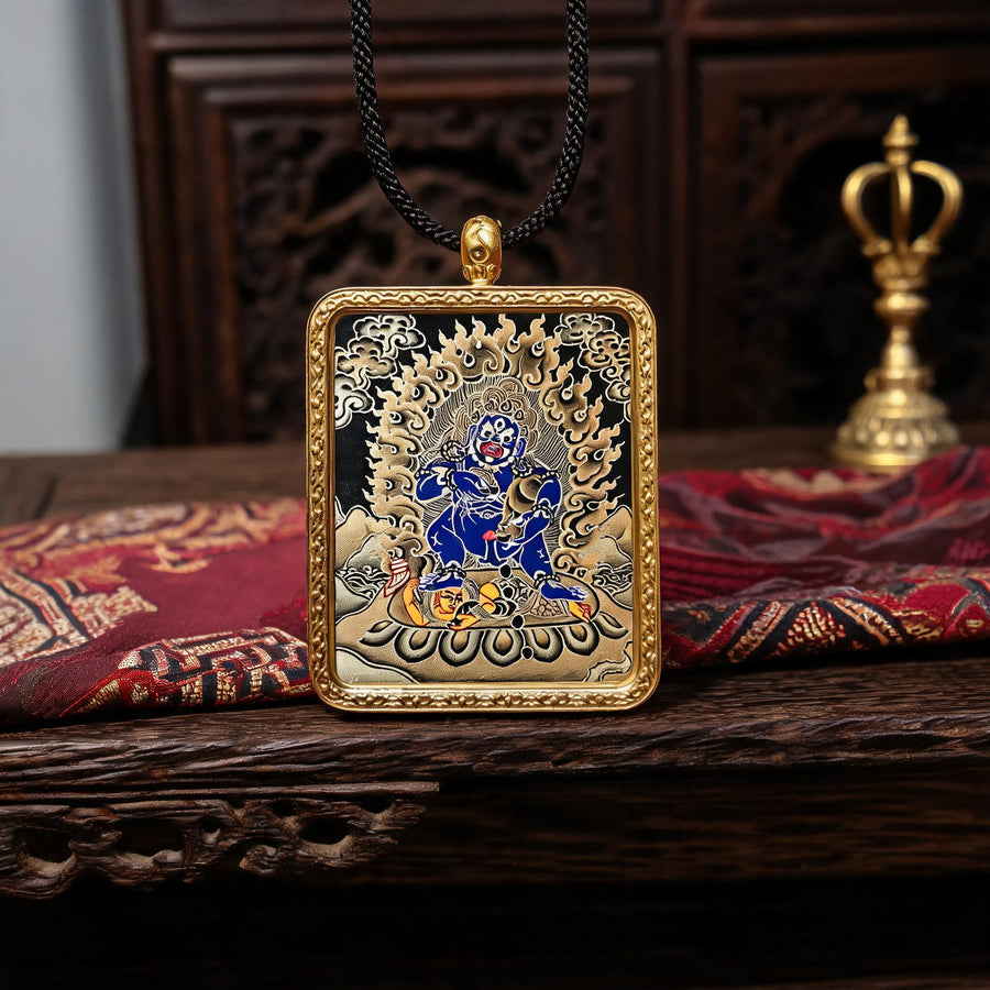 Black Jambhala hand-painted Thangka pendant front hero view