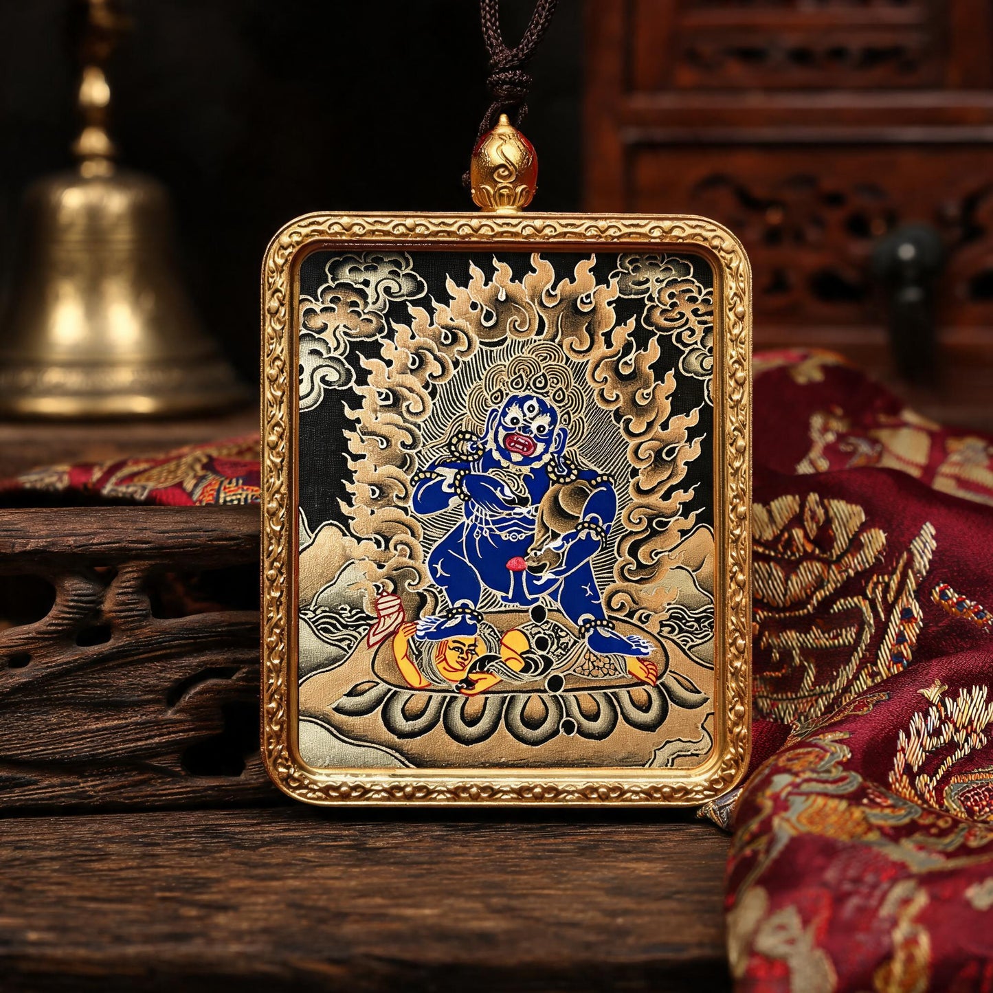 Black Jambhala hand-painted Thangka pendant three-quarter side view