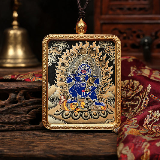 Black Jambhala hand-painted Thangka pendant three-quarter side view
