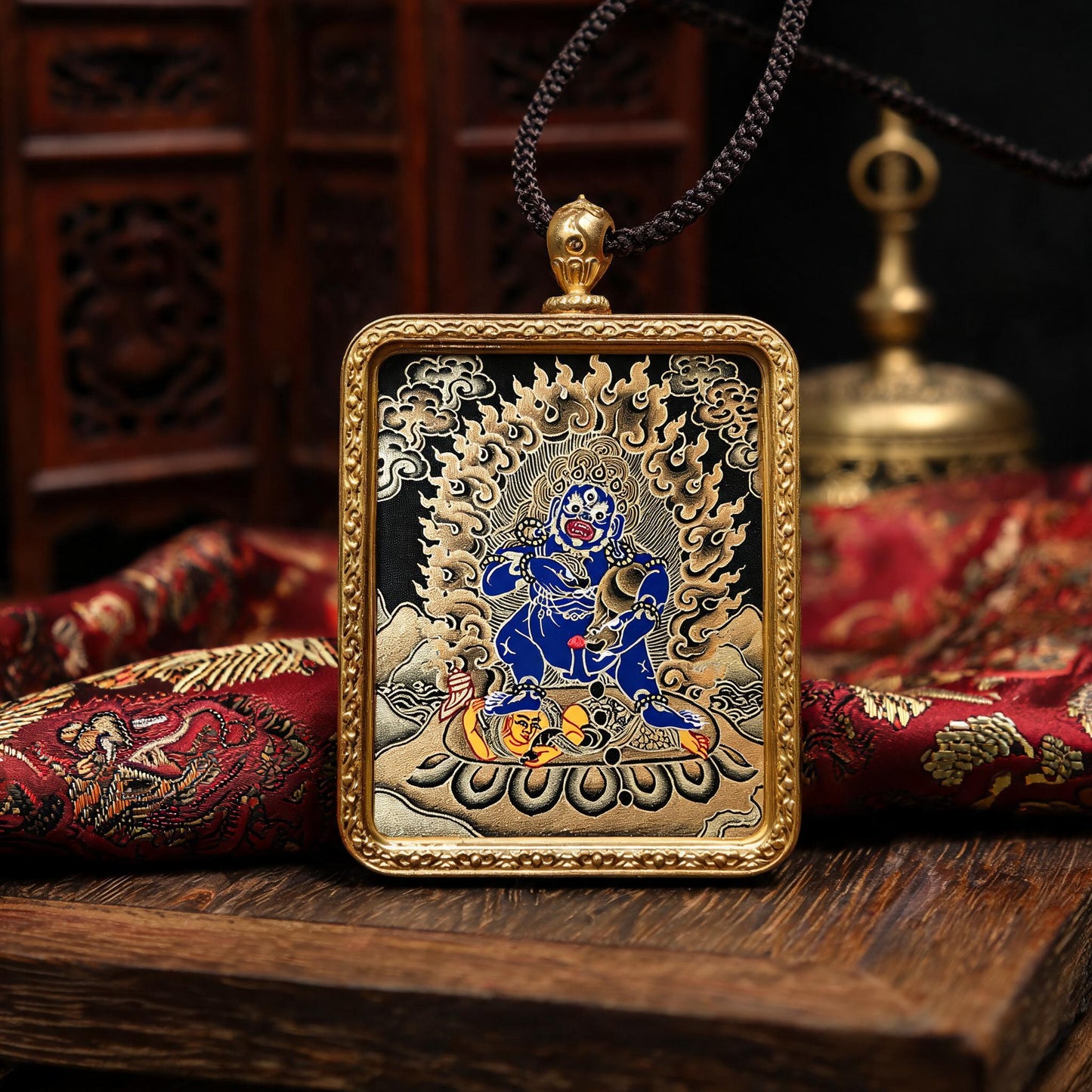 Black Jambhala hand-painted Thangka pendant hand-painted macro detail