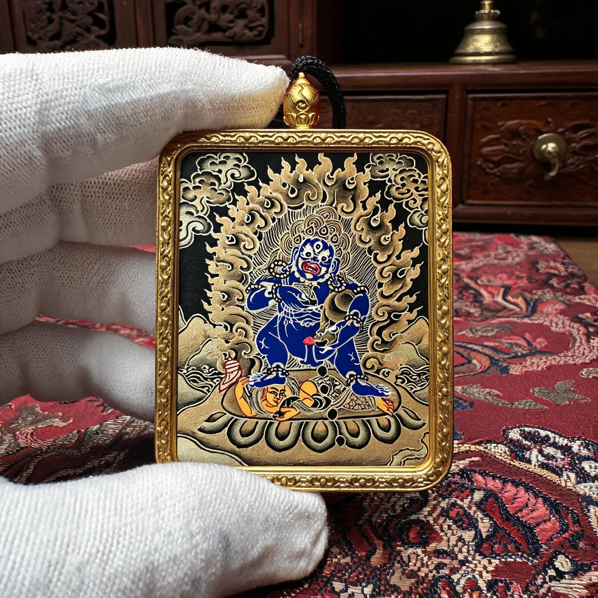 Black Jambhala hand-painted Thangka pendant white-glove collector inspection