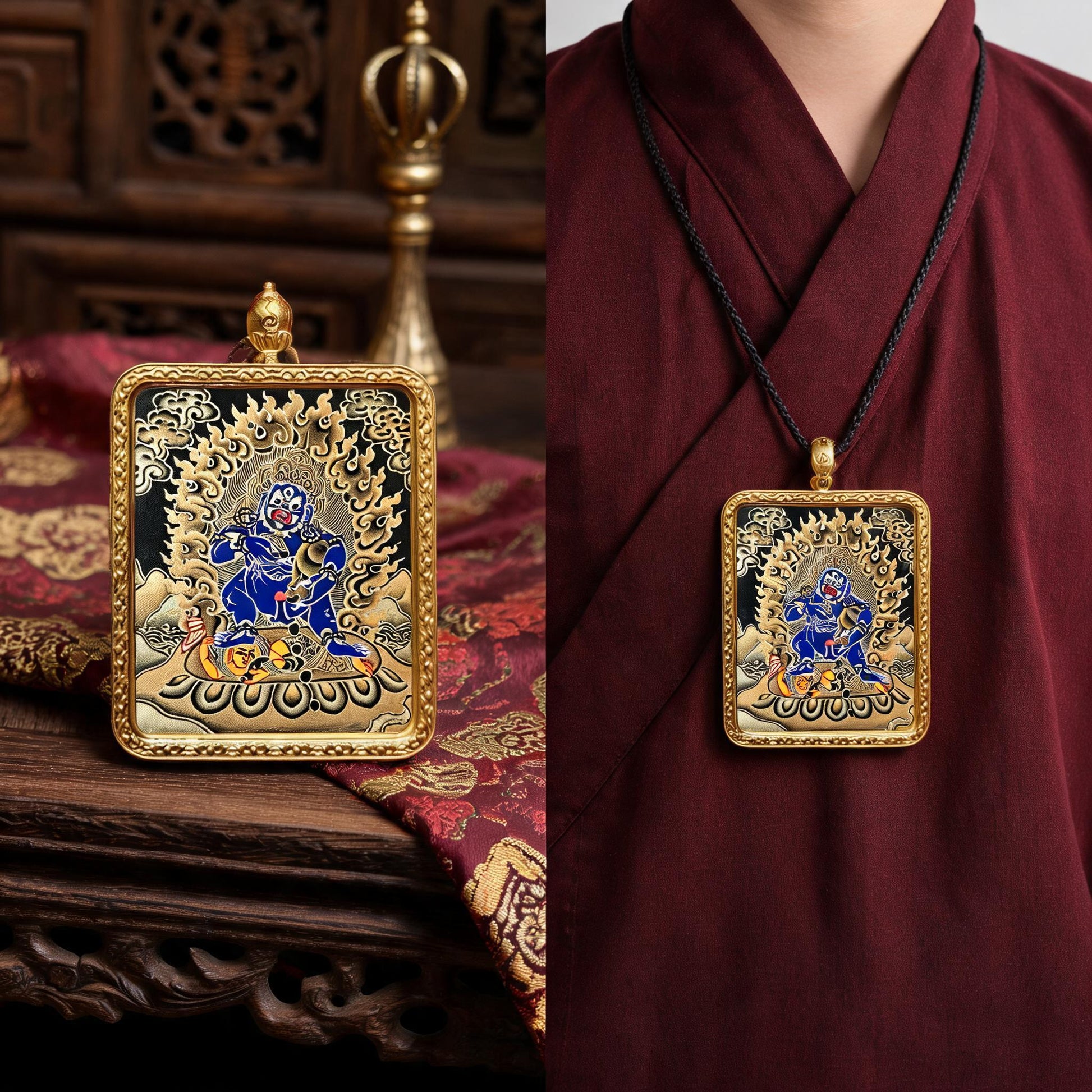 Black Jambhala hand-painted Thangka pendant proportional wearing view