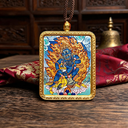 Black Jambhala hand-painted Thangka pendant front hero view