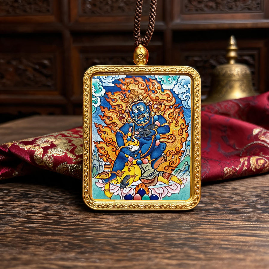 Black Jambhala hand-painted Thangka pendant front hero view