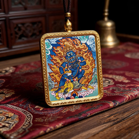 Black Jambhala hand-painted Thangka pendant three-quarter side view