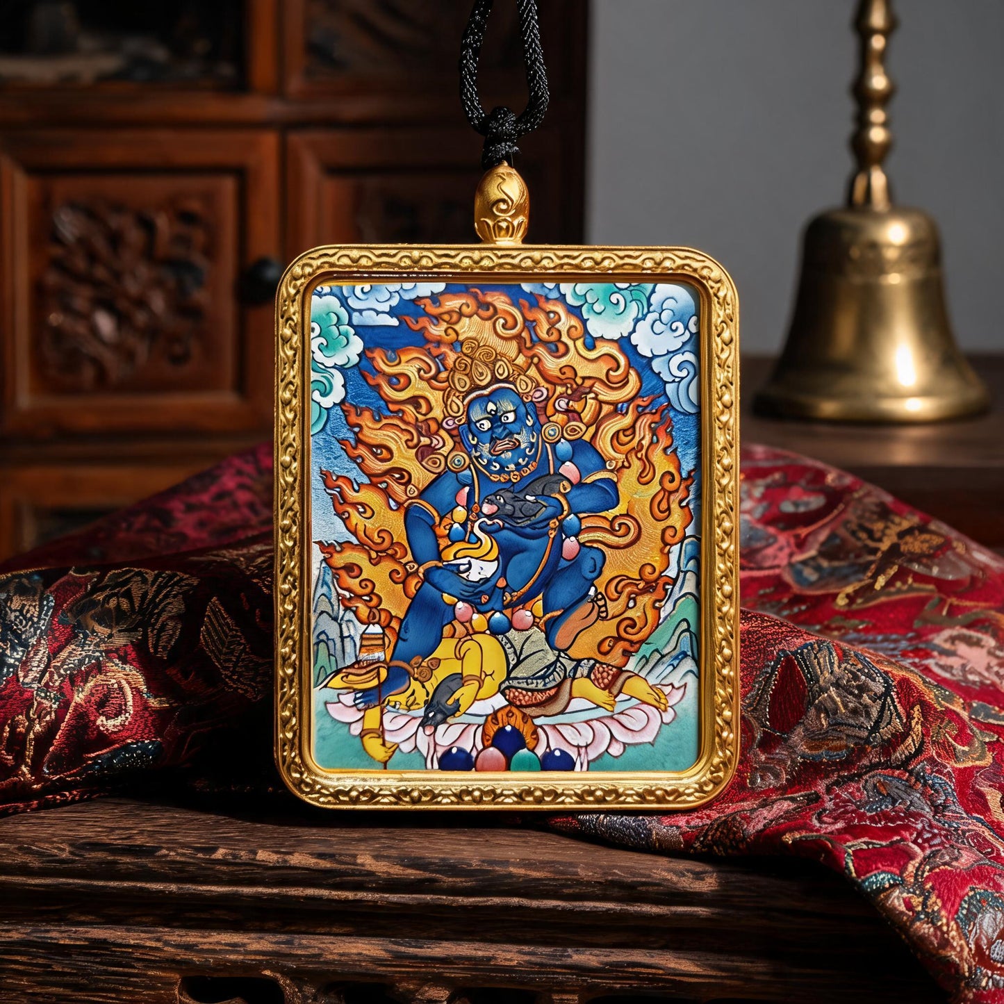 Black Jambhala hand-painted Thangka pendant hand-painted macro detail