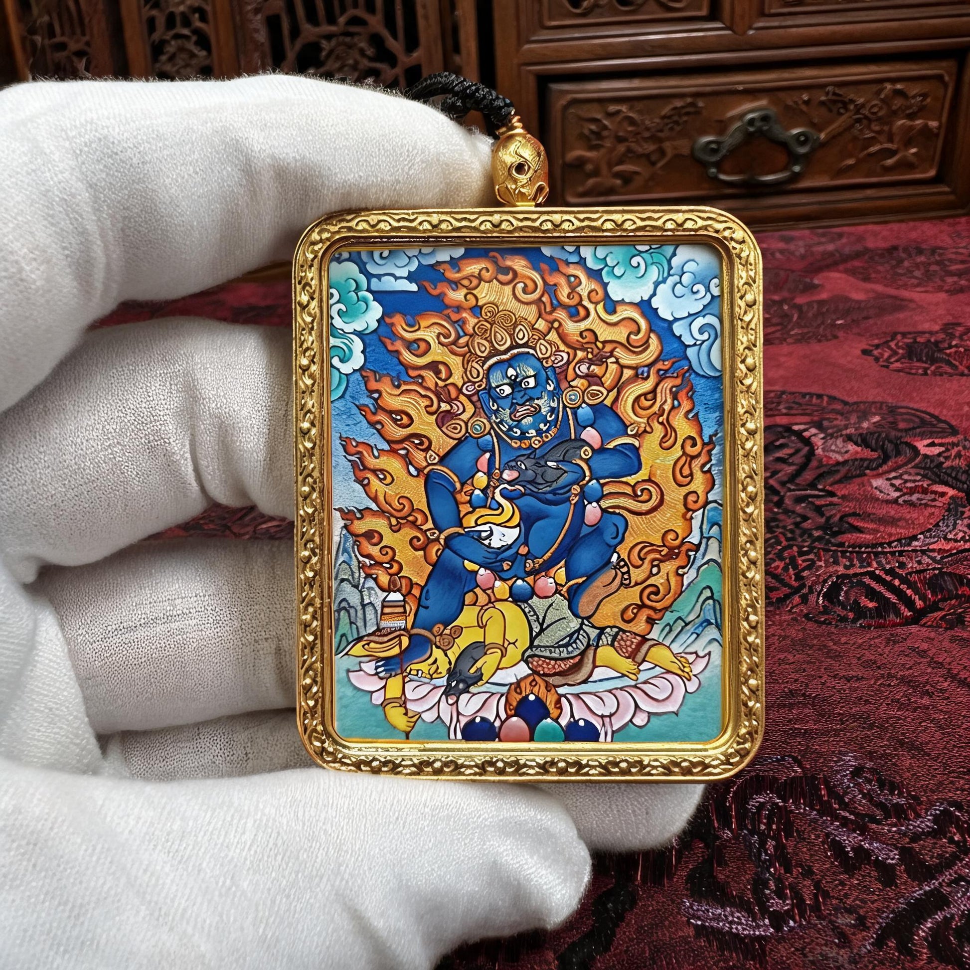 Black Jambhala hand-painted Thangka pendant white-glove collector inspection